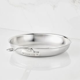 Hestan ProBond Luxe Skillet 28cm in polished stainless steel with seamless handle, shown on marble surface.
