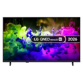 LG 43 Inch QNED7E Mini LED 4K Smart TV in black, front view showing vivid colourful display and slim bezel design