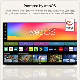 LG 43 Inch QNED7E Mini LED 4K Smart TV black, showing webOS smart platform interface with app tiles and content rows on screen.