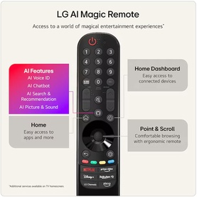 LG AI Magic Remote in black with scroll wheel, Netflix shortcut, and AI feature buttons for LG QNED7E Smart TV