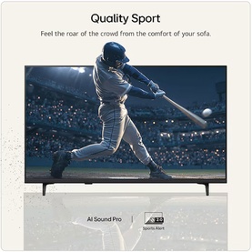 LG 43 Inch QNED7E Mini LED 4K Smart TV in black, displaying baseball game on screen, shown with AI Sound Pro branding below