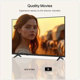 LG 43 Inch QNED7E Mini LED 4K Smart TV in black, displaying Quality Movies feature with HDR 10 Pro highlighted on screen