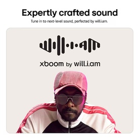 Libby xboom Grab by will.i.am Bluetooth Speaker promotional image featuring will.i.am in pink jacket and sunglasses with brand logo