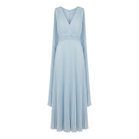 Pale blue maxi dress with V-neckline, flowing cape sleeves, cinched waist, and pleated skirt