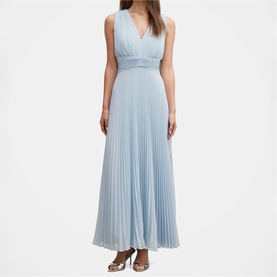 Model wearing pale blue sleeveless maxi dress with V-neckline, empire waist and full pleated skirt