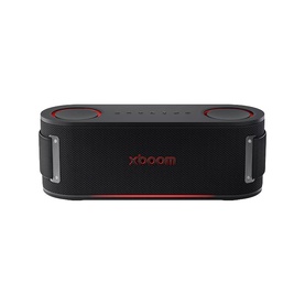 Libby xboom Bounce by will.i.am Bluetooth Speaker in black with red accent lighting and textured grille front view