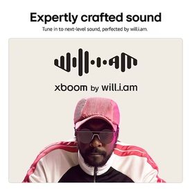 Libby xboom Bounce by will.i.am Bluetooth Speaker promotional image featuring will.i.am in pink tracksuit with soundwave graphic and brand logo