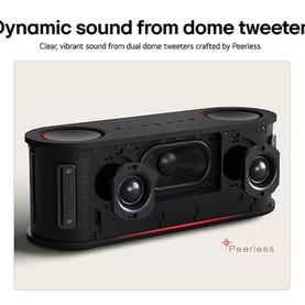 Libby xboom Bounce by will.i.am Bluetooth Speaker in black, close-up showing dual dome tweeters and red accent trim.