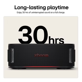 Libby xboom Bounce by will.i.am Bluetooth Speaker in black, shown with 30hrs battery life callout graphic