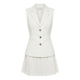 White sleeveless blazer mini dress with three gold-tone buttons, notched lapel, and pleated skirt hem