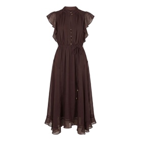 Dark brown sleeveless midi dress with ruffle cap sleeves, button placket, drawstring waist, and flowy asymmetric hem