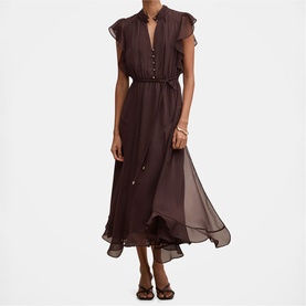 Model wearing dark brown midi dress with ruffled cap sleeves, V-neckline with button detail, elasticated waist, and sheer chiffon skirt
