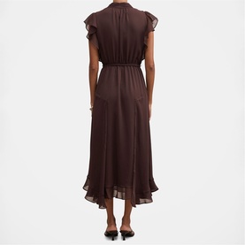 Model wearing a chocolate brown midi dress with ruffle cap sleeves, V-back neckline, elasticated waist, and asymmetric hem