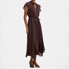Model wearing dark brown midi dress with ruffled cap sleeves, button-front detail, elasticated waist, and asymmetric hem, styled with strappy heeled