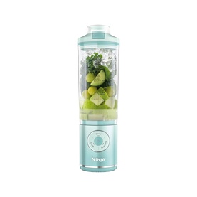 Ninja Blast Max Cordless Portable Blender in Seaglass blue, filled with green fruits and vegetables, compact single-serve design