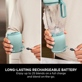 Ninja Blast Max Cordless Portable Blender in Seaglass, shown charging and in-hand, with text highlighting 25-blend battery life.