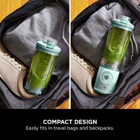 Ninja Blast Max Cordless Portable Blender in Seaglass, shown fitting inside a travel backpack alongside shoes, demonstrating compact design.