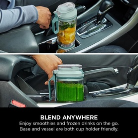 Ninja Blast Max Cordless Portable Blender in Seaglass, shown fitting into a car cup holder, blending green and yellow smoothies on the go.