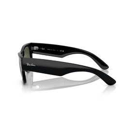 Ray-Ban black sunglasses, rear three-quarter view showing temple arms with engraved logo and Ray-Ban branding detail