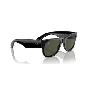 Ray-Ban black square frame sunglasses with dark green lenses and silver logo detail on temple