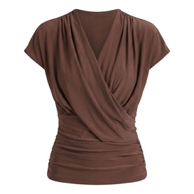Brown short-sleeve wrap-front top with ruched waist detail and V-neckline, shown as a flat product shot