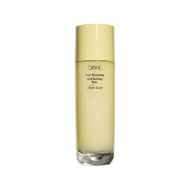 Oribe Hair Alchemy Bond Building Elixir in a tall yellow bottle with silver base, strengthen and repair treatment