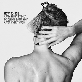 Model with hair clipped up, hands applying Oribe treatment to wet hair at nape of neck, with how-to-use instructions overlaid