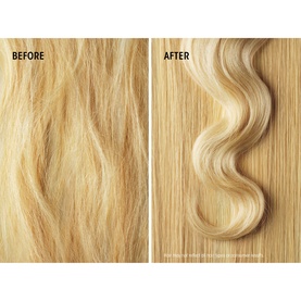 Oribe Strengthen & Repair treatment before and after showing blonde hair transformed from frizzy to smooth and glossy waves