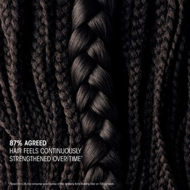 Oribe Strengthen and Repair Treatment close-up of dark braided hair with 87% agreed hair feels continuously strengthened claim