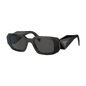 Prada black rectangular sunglasses with angular frames, dark lenses, and silver triangle logo on temple