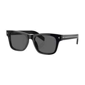 Prada square-frame sunglasses in black acetate with dark grey lenses and silver rivets on temples
