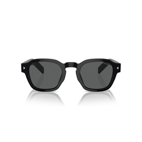 Prada square sunglasses in black acetate with dark grey lenses and silver logo detailing on temples