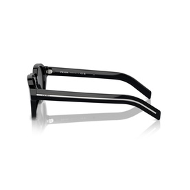 Prada sunglasses in black, side profile view showing thick square frames and straight temples with logo detail