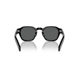 Black square-frame sunglasses, rear view showing dark grey lenses, thick temples and transparent ear tips