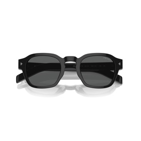 Black square-frame sunglasses with dark grey lenses and glossy acetate temples, folded flat view