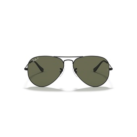 Ray-Ban aviator sunglasses in black metal frame with green lenses, front-facing view showing double bridge and logo detail