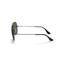 Ray-Ban sunglasses with black metal frame, dark green lenses, and slim temple arms, shown from rear three-quarter angle