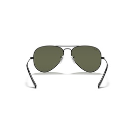 Ray-Ban aviator sunglasses, black metal frame with green lenses, rear view showing bridge and temple arms
