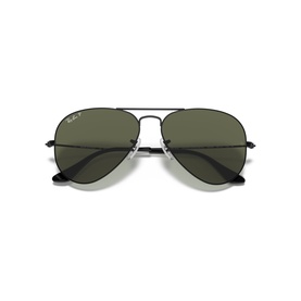 Ray-Ban aviator sunglasses with black metal frame, double bridge, and dark green lenses with silver Ray-Ban logo on lens