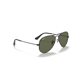 Ray-Ban aviator sunglasses with black metal frame, green lenses, and slim temple arms with logo detail