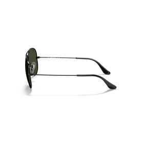 Black Ray-Ban aviator sunglasses, side profile view, dark green lenses, slim metal arms with black tip ends