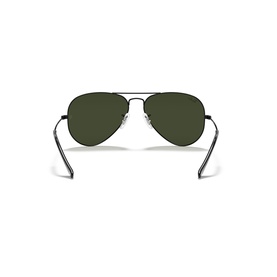 Ray-Ban aviator sunglasses, black metal frame with dark green lenses, rear view showing temple arms and bridge detail
