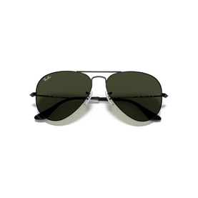 Ray-Ban aviator sunglasses with black metal frame, double bridge, and dark green lenses, shown from front