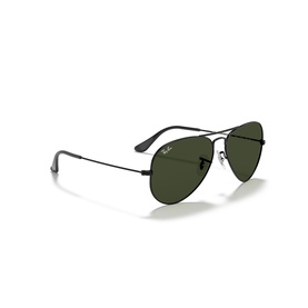 Ray-Ban aviator sunglasses in black metal frame with dark green lenses and slim temple arms