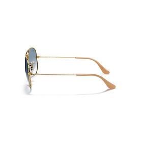 Ray-Ban Pilot Sunglasses RB3025 in gold metal frame with blue gradient lenses and nude-tipped temples, side view
