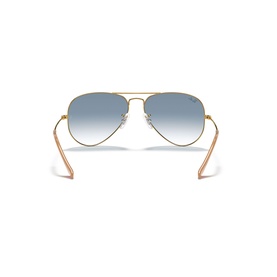 Ray-Ban Pilot Sunglasses RB3025 in gold metal, rear view showing blue gradient lenses and temple arms
