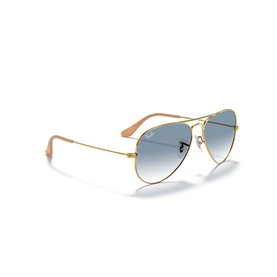 Ray-Ban Pilot Sunglasses RB3025 in gold metal frame with blue gradient lenses and nude nose pads, three-quarter view