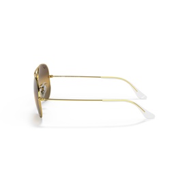 Ray-Ban aviator sunglasses in gold metal frame with brown gradient lenses, shown from side angle