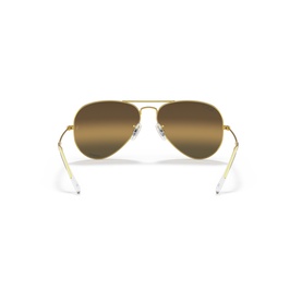 Ray-Ban aviator sunglasses, gold metal frame with mirrored brown lenses, rear view showing nose pads and temples