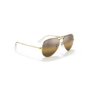 Ray-Ban aviator sunglasses with gold metal frame and gradient brown mirrored lenses, angled three-quarter view